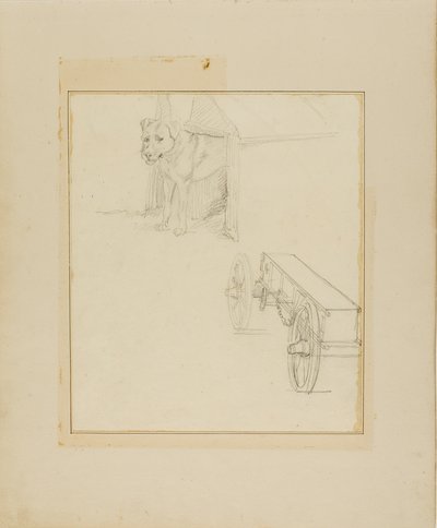 Perro de pie en una perrera y estudio de un carro de municiones de Jean Louis André Théodore Géricault