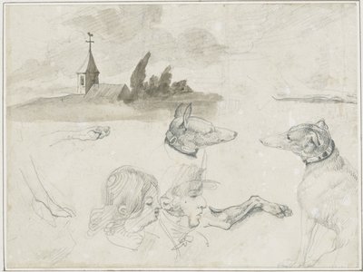 Hoja de bocetos: Galgos; Un macho y una hembra en cabeza de Jean Louis André Théodore Géricault