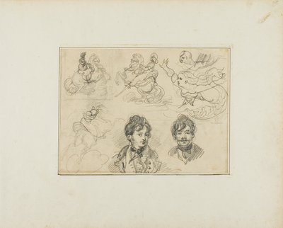 Hoja de Bocetos: Jinetes, sirenas y dos retratos de hombres jóvenes de Jean Louis André Théodore Géricault