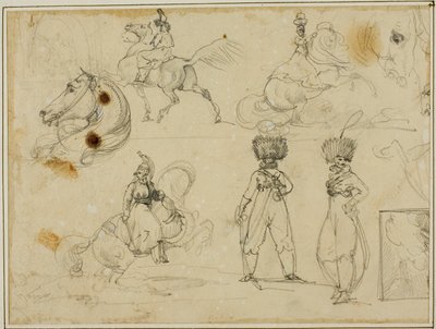 Hoja de bocetos: Soldados, caballos y un paisaje de Jean Louis André Théodore Géricault