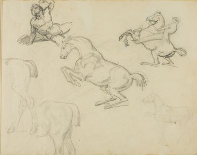 Bocetos: Desnudo recostado, un jinete y varios caballos de Jean Louis André Théodore Géricault