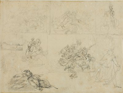 Bocetos de un combate de caballería, soldados y un paisaje de Jean Louis André Théodore Géricault