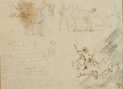 Bocetos de caballos, mozo de cuadra sujetando un caballo, un combate de caballería de Jean Louis André Théodore Géricault
