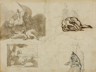Bocetos de un combate de caballería, Un paisaje con vacas y otras composiciones de Jean Louis André Théodore Géricault