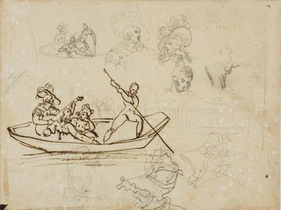 Bocetos de una fiesta musical en barco y de una mujer con sombrero alto de Jean Louis André Théodore Géricault