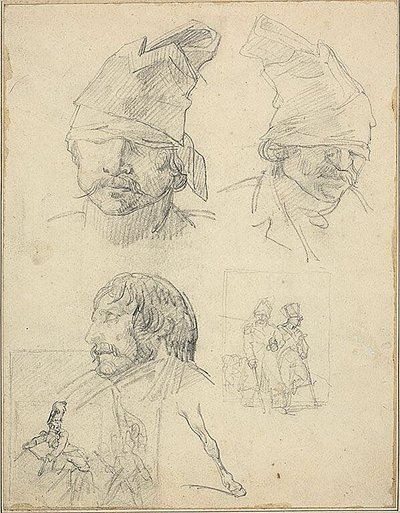 Estudios de cabezas y dos estudios de composición de Jean Louis André Théodore Géricault