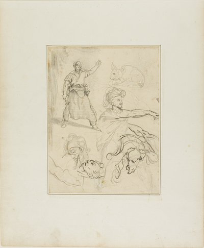 Estudios de un herrero y una cabeza de caballo con bocetos de otras figuras y un conejo de Jean Louis André Théodore Géricault