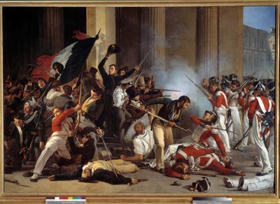 Revolución de 1830: Durante las Tres Gloriosas, toma del Louvre el 29/07/1830 y masacre de los guardias suizos. Pintura de Jean Louis Bezard (1799-después de 1861) 1830. París, museo Carnavalet de Jean Louis Bezard