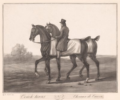 Jinete acompaña a dos caballos Chevaux de Carosse (título sobre objeto) de Jean Louis Darcis (attributed to)