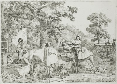 Vaca y caballo en el abrevadero de Jean Louis De Marne
