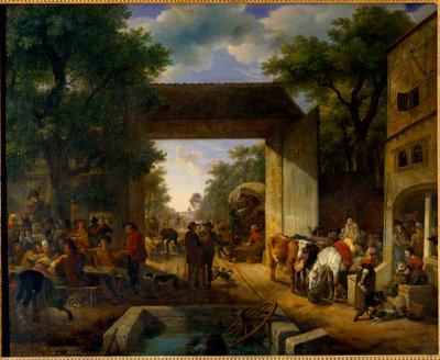 Una feria en la puerta de una posada de Jean Louis Demarne
