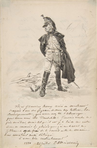 Carta a Samuel P. Avery con un dibujo de una figura militar, 1880 de Jean Louis Ernest Meissonier