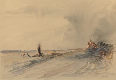 Tierra devastada, Figuras en un paisaje c. 1919 (aguada gris, acuarela y gouache) de Jean Louis Forain