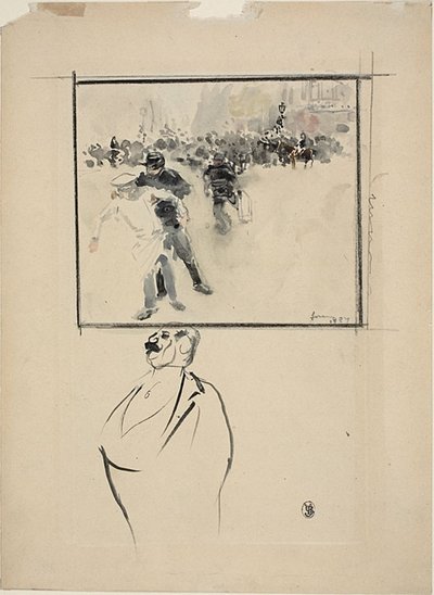 Bocetos de una escena de disturbios enmarcada y de un hombre (recto); Mujer con sombrero (verso) de Jean Louis Forain