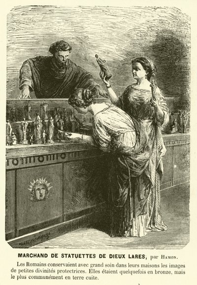 Vendedor de estatuillas de Lares, deidades guardianas romanas antiguas de Jean Louis Hamon