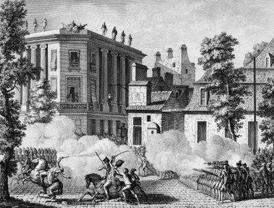 Revolución Francesa: Acción entre la Guardia Real Alemana y la Guardia Francesa frente al depósito de la Guardia Francesa el 12 de julio de Jean Louis II (after) Prieur