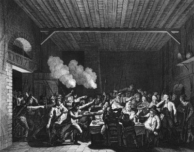 Revolución Francesa: Los Patriotas de Varennes entran en la tienda del tendero Sauce y reconocen al Rey Luis XVI (1754-1793) en fuga de Jean Louis II (after) Prieur