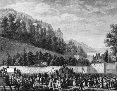 Revolución Francesa: Las damas de la Halle van a Versalles por el rey el 5 de octubre de Jean Louis II (after) Prieur