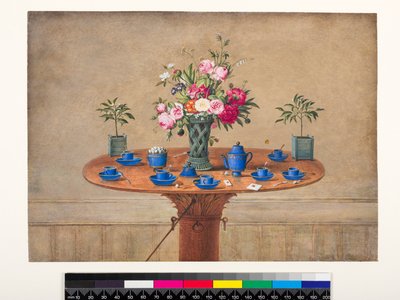 Naturaleza muerta con un jarrón de flores y un servicio de té, 1810 de Jean Louis Prevost