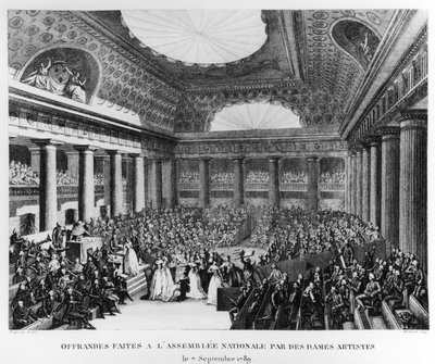 Ofrecimientos hechos a la Asamblea Nacional en la Salle des Menus-Plaisirs por mujeres artistas, 7 de septiembre de 1789, grabado por Pierre Gabriel Berthault de Jean Louis Prieur