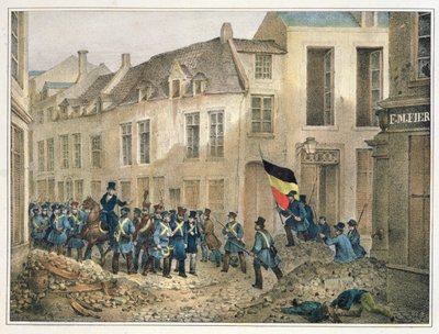 La Rue de Louvain, Bruselas, 23 de septiembre de 1830, grabado por A.M. Jobard de Jean Louis Van Hemelryck