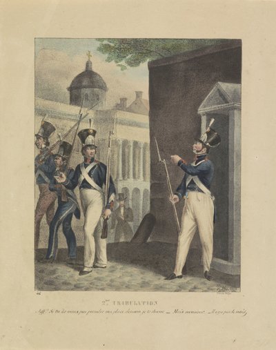 Segundo juicio, 1828 2da Tribulación. ¡Jeff! si tu ne viens pas prendre ma place, demain je te chasse - Mais monsieur - Il n y a pas de mais (título sobre objeto) Caricaturas sobre la desproporción dentro de los fusileros belgas, 1828 (título de la serie) de Jean Louis Van Hemelryck