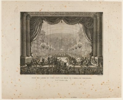Fiesta de los Guardaespaldas, regimientos de Flandes, dragones de Montmorency y Guardias Nacionales de Versalles. Paseando la escarapela nacional, exhiben la escarapela negra, signo de la "Confederación Aristocrática" de Jean Louis the Younger Prieur