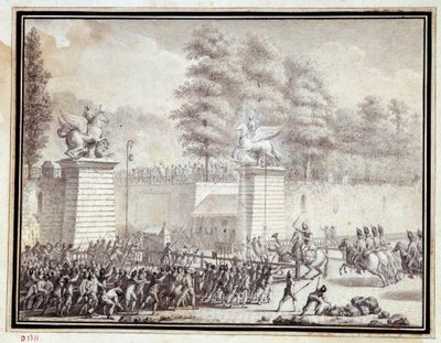 Revolución Francesa: Monsieur de Lambesc entrando en las Tullerías con un destacamento del Regimiento Real Alemán el 12 de julio de 1789 de Jean Louis the Younger Prieur