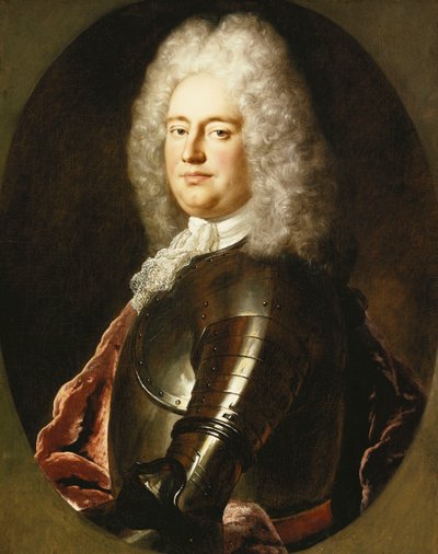 Retrato de un caballero, medio cuerpo, con armadura, un jabot blanco y una capa carmesí, en un óvalo pintado de Jean Marc Nattier