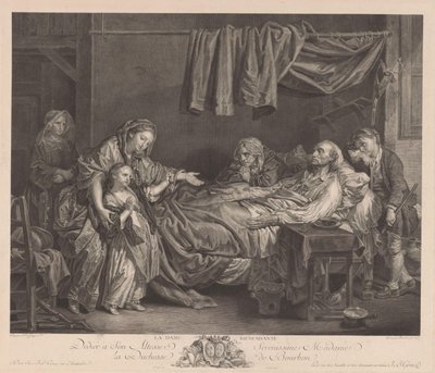 Familia alrededor de una cama enferma La Dame Bienfaisante (título sobre objeto) de Jean Massard