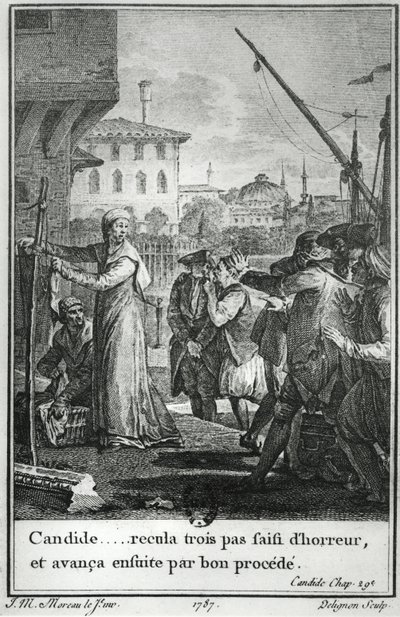 Cándido... retrocedió tres pasos horrorizado, y luego avanzó por buen proceder, ilustración del capítulo 29 de Cándido de François Voltaire (1694-1778) grabado por Jean Louis Delignon (1755-1804) 1787 de Jean Michel the Younger Moreau