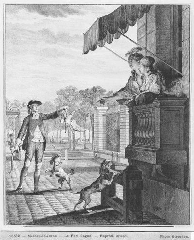 Aceptando una apuesta, grabado por Camligue (fl.1785) c.1777 de Jean Michel the Younger Moreau