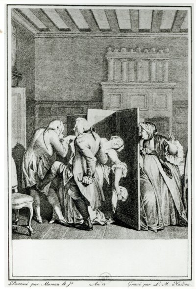 El barón... saludó a Cándido con algunas patadas notables en el trasero y lo echó de la casa, ilustración del capítulo 1 de Cándido de François Voltaire (1694-1778) grabado por Louis Michel Halbou de Jean Michel the Younger Moreau