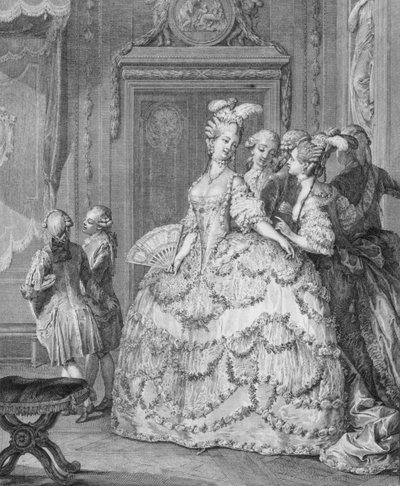 La dama de compañía de la reina, grabado por P.A. Martini de Jean Michel the Younger Moreau