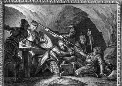 Asesinato de Waifre (o Gaifier), Duque de Aquitania (767 o 768). Grabado por Romanet después de Moreau le jeune (1779). de Jean Michel the Younger (after) Moreau