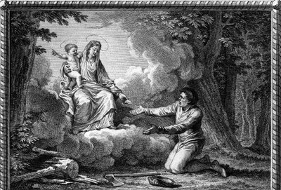 Tregua del Señor bajo Enrique I en 1004: La Virgen apareciendo al Leñador, cerca de Puy-en-Velay (Puy en Velay, Haute Loire), le da una medalla y le ordena trabajar por la Paz: este es el punto de partida de la Tregua de Dios establecida en 1044. Grabado de Jean Michel the Younger (after) Moreau