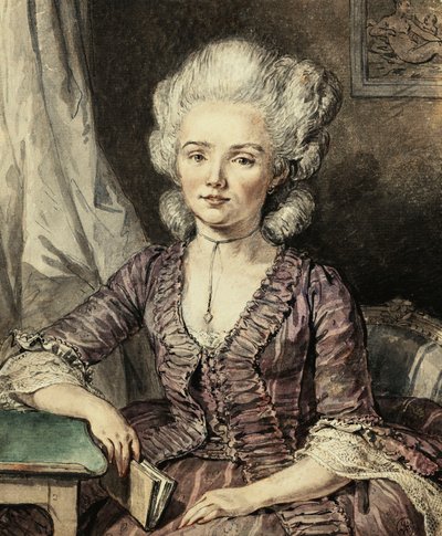 Una joven sentada junto a una mesa con un libro, 1785 de Jean Michel the Younger Moreau
