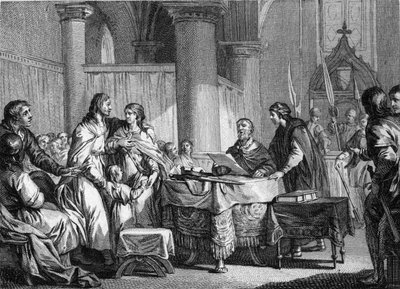Abdicación de Carlomán (ca. 715-754), alcalde del palacio de Austrasia, en beneficio de su hermano, Pipino III llamado Pipino el Breve (714-768), 747. Grabado por Jean Michel Moreau, llamado Moreau el Joven (1741-1814) de Jean Michel the Younger Moreau