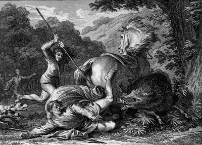 Carloman II murió (867-884) en una cacería, 884. Queriendo ayudar al rey atacado por un jabalí, un sirviente accidentalmente le clava su lanza en el muslo. Grabado por Jean Michel Moreau, llamado Moreau le Jeune (1741-1814) de Jean Michel the Younger Moreau