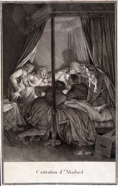 Castración de Pierre Abélard o Pierre Abailard, filósofo y teólogo francés (1079-1142). grabado por Moreau. de Jean Michel the Younger Moreau