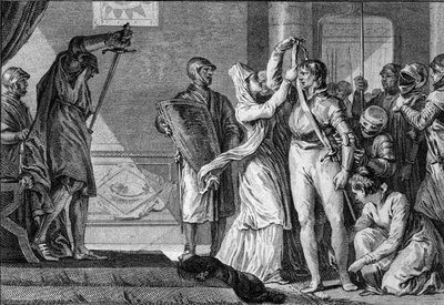 Ceremonia de investidura bajo los Capetos: las mujeres colocan un cinturón y espuelas doradas a un joven nombrado caballero, mientras los escuderos lo cubren con su armadura. Siglos X-XI. Grabado por Jean Michel Moreau, llamado Moreau el Joven (1741-1814) de Jean Michel the Younger Moreau