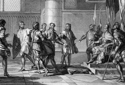 Carlos (953-991), hermano del Rey Lotario, rinde homenaje a Otón II (955-983), emperador del Sacro Imperio Romano. Este último creó el Ducado de Baja Lorena (Baja Lotaringia) y nombró a Carlos Duque de Baja Lorena, 977. Grabado de Jean Michel the Younger Moreau