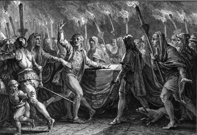 Clamor de haro en el funeral de Guillermo el Conquistador (1027-1087) en la abadía de Saint Etienne de Caen (Normandía) de Jean Michel the Younger Moreau