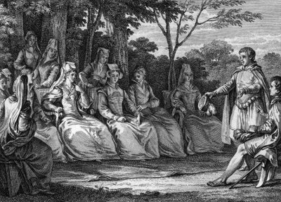 Corte de Amor en la Edad Media en presencia de los trovadores - Grabado de Jean Michel Moreau, llamado Moreau el Joven (1741-1814) de Jean Michel the Younger Moreau
