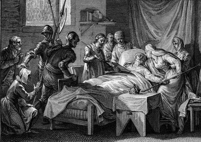 Muerte y sucesión de Carlos II el Calvo (823-877), 877: el rey entregó a la emperatriz la corona imperial, su cetro dorado, la espada de San Pedro y un testamento por el cual designa a su hijo Luis el Tartamudo como heredero. Grabado por J de Jean Michel the Younger Moreau