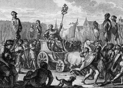 Desfile de Felipe II Augusto (1165-1223) en las calles de París, tras la victoria del ejército francés contra los flamencos y güelfos de Otón IV en la Batalla de Bouvines de Jean Michel the Younger Moreau