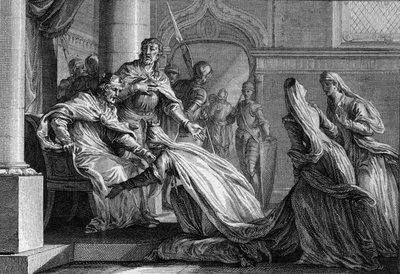 Emma de Francia (894-934), hermana de Hugo el Grande (897-956), se postra a sus pies. Casada con Raúl de Borgoña (o Rodolfo, 890-936), decidió, a petición de su hermano, dar la corona de Francia a su esposo, declarando 