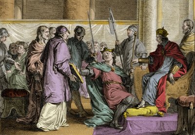 Erispoe (muerto en 857), Rey de Bretaña (Herispogius - Hervspogius - Respogius) recibió los ornamentos del reino de manos de Carlos II el Calvo (823-877), 851. Grabado por Jean Michel Moreau, llamado Moreau el Joven (1741-1814) de Jean Michel the Younger Moreau