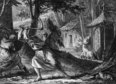 Ermitas viviendo en comunidad en un bosque francés, finales del siglo XI-principios del siglo XII. Grabado de Jean Michel Moreau, conocido como Moreau el Joven (1741-1814) de Jean Michel the Younger Moreau