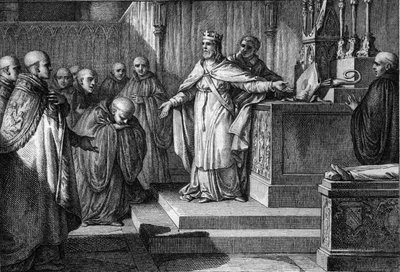 Hugo Capeto (941-996) restableció las elecciones canónicas: el rey de los francos permitió a los monjes elegir a sus abades colocando en un altar un báculo y una mitra. Grabado por Jean Michel Moreau, llamado Moreau el Joven (1741-1814) de Jean Michel the Younger Moreau